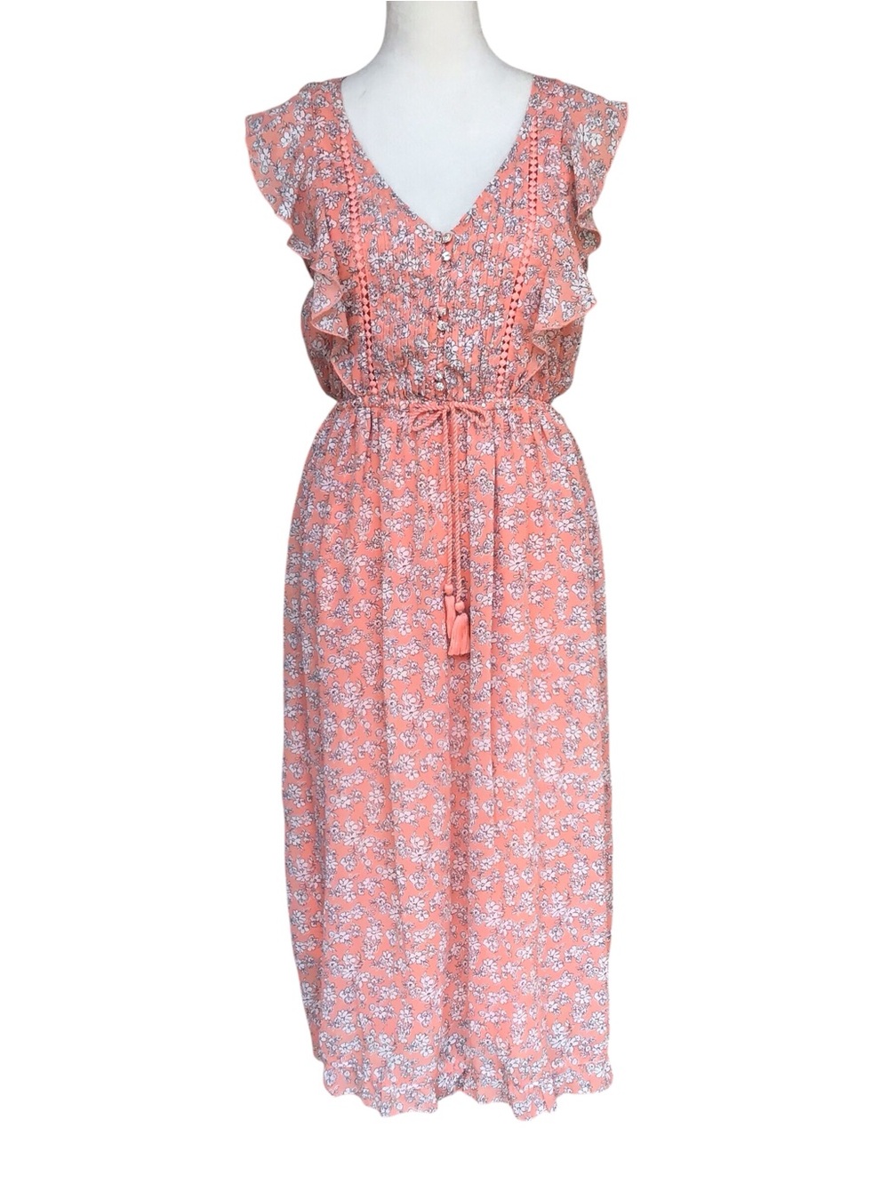 Abercrombie & Fitch Peach Floral Boho Elastic Tassel Tie Midi Dress Size ST New